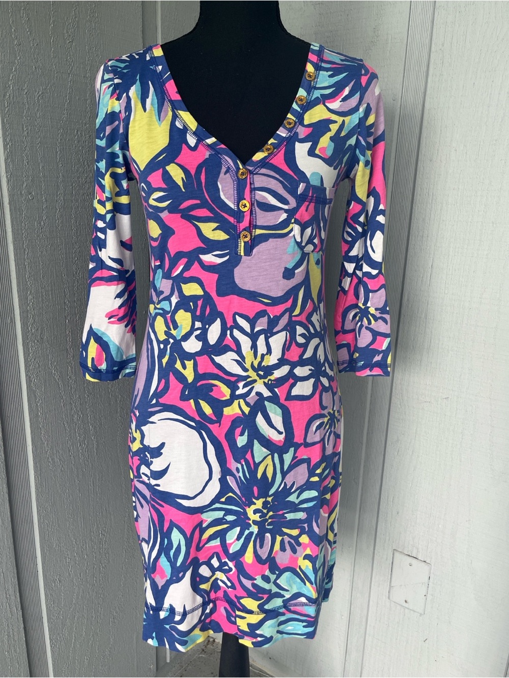 Lilly Pulitzer Pink Blue Yellow Floral Henley Midi Dress - Picture 3 of 10